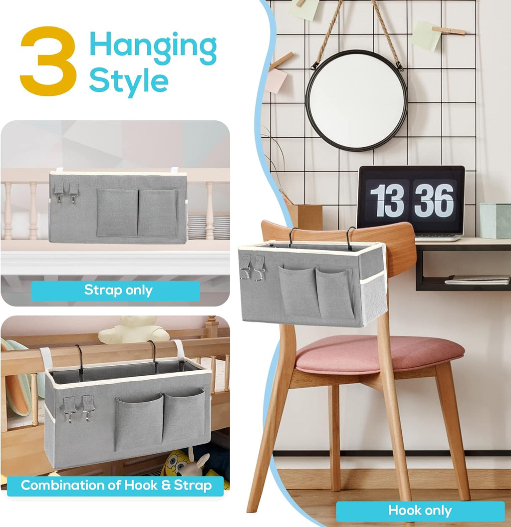 2pcs Bedside Caddy Hanging Storage Bag, Water Cup Holders, Organizer Baskets with Pockets for Bunk Bed Shelf, Hospital Beds, Loft & Dorm Rooms Accessories (Bedside bag-Grey)