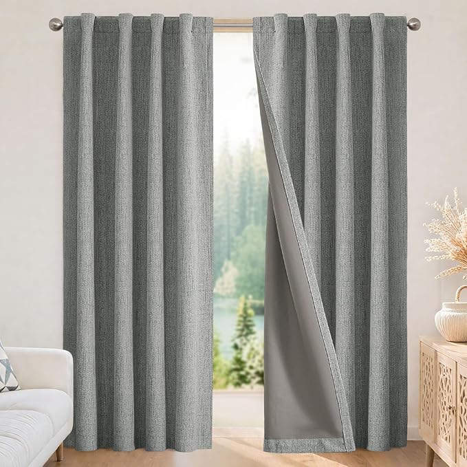 Joydeco Blackout Curtains for Bedroom - 100% Light Blocking 2 Panels Light Grey Drapes 70" W x 90" L, Thermal Insulated Room Darkening Curtains, Linen Textured for Living Room, Rod Pocket & Back Tabs