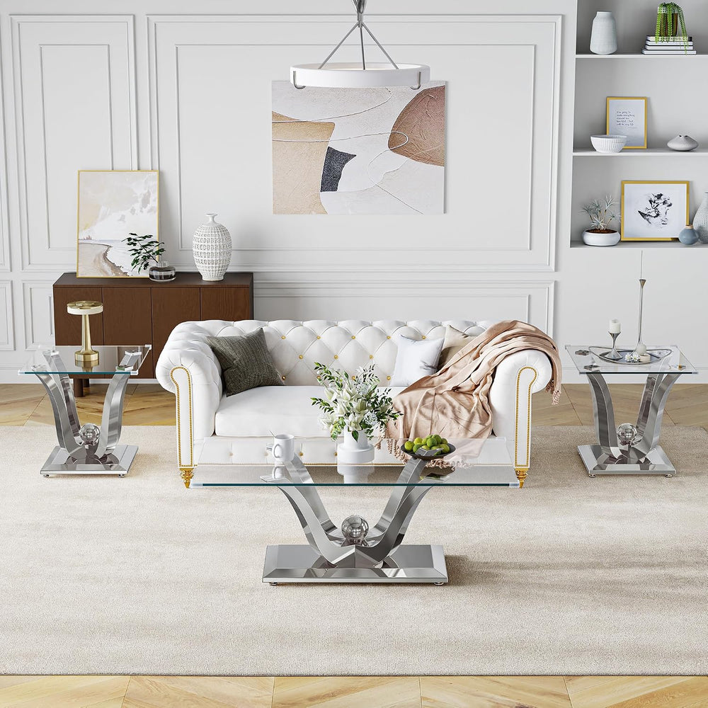 Rectangular Glass Coffee Table Set of 3- Modern Center and 2 End Tables, Clea...