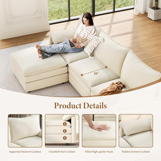 Vesgantti 142" Cloud Couch Sectional Modular Sofa, Comfy Sectional Couch with Ottoman Deep Seat Chenille L Shaped Sofa, Modular Couches for Living Room, Bedroom and Apartment, Beige