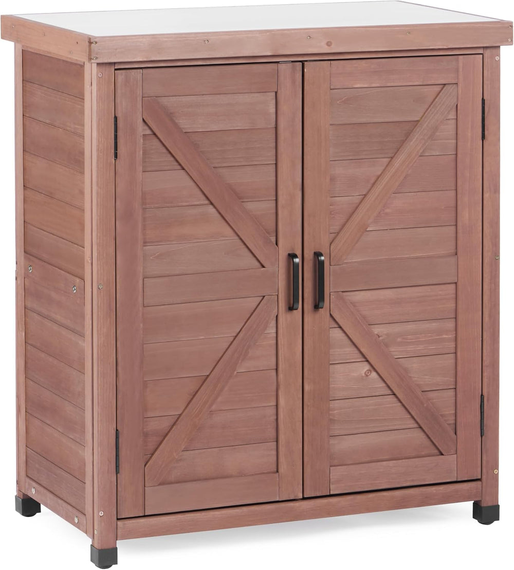 Outdoor Potting Bench with Storage Cabinet and Metal Top, Wood Workstation fo...