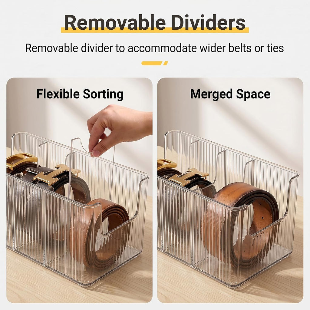 Acrylic Belt Organizer, 2 Pack Clear Belt Storage Box with 4 Adjustable Compartments, Stackable Durable Acrylic Belt Holder, Anti-Scratch Belt Display Case for Closet and Drawer Organization