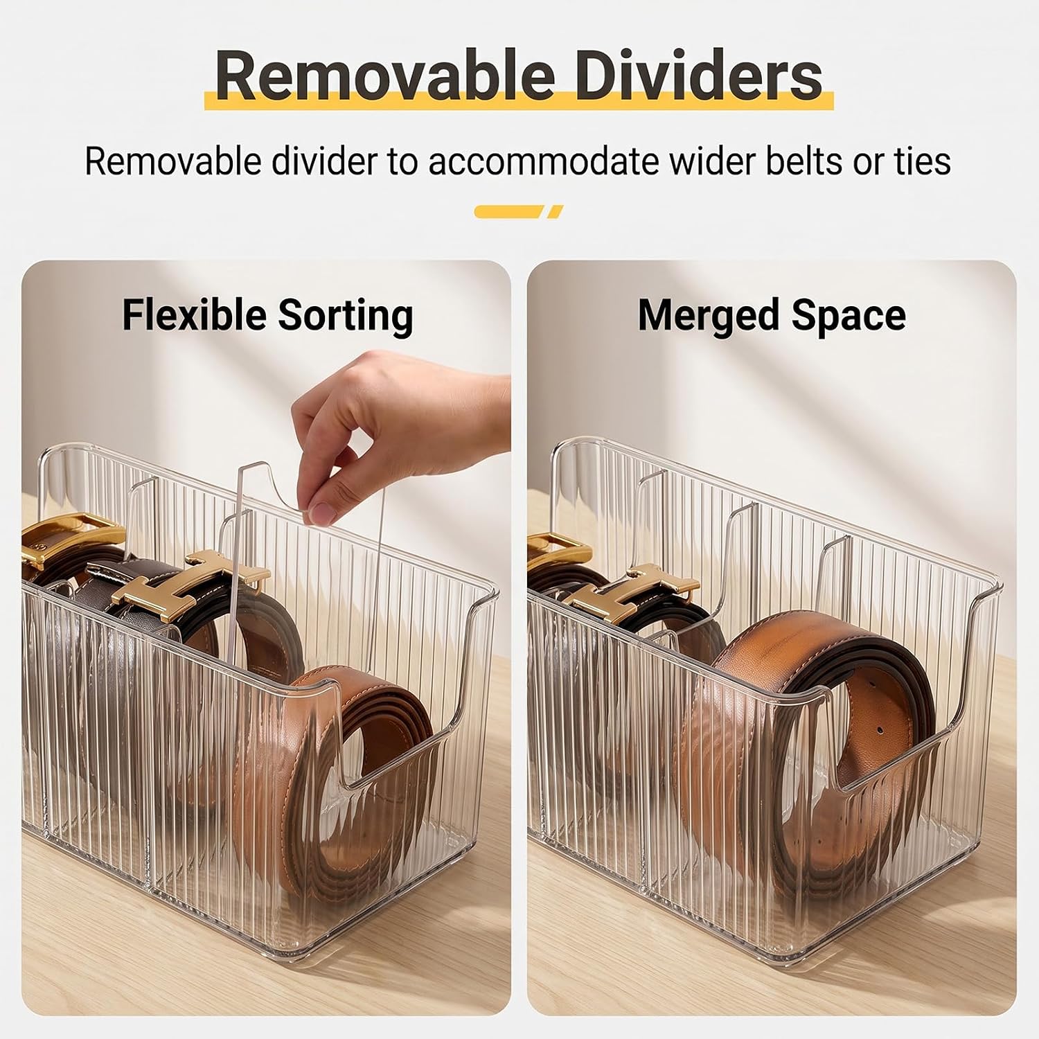 Acrylic Belt Organizer, 2 Pack Clear Belt Storage Box with 4 Adjustable Compartments, Stackable Durable Acrylic Belt Holder, Anti-Scratch Belt Display Case for Closet and Drawer Organization