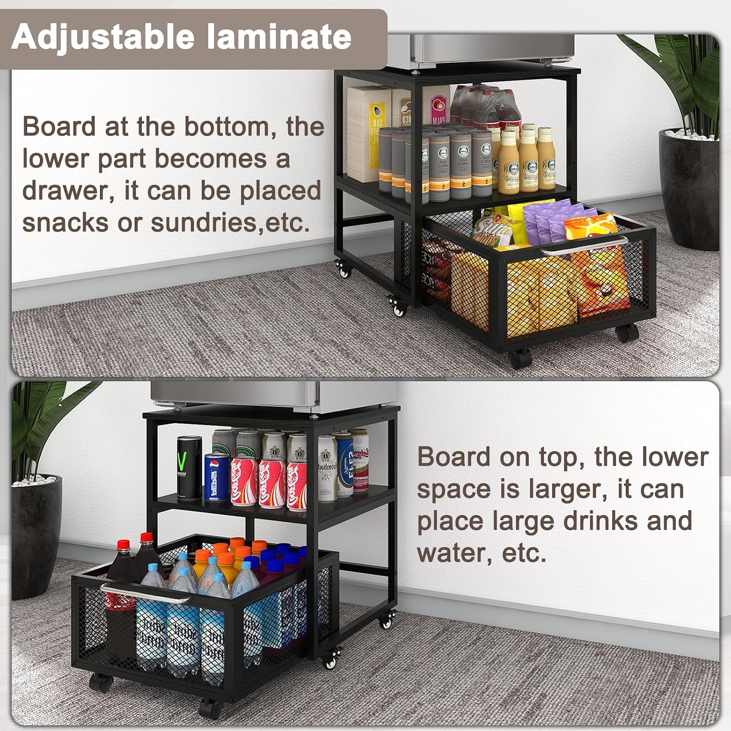 PUNCIA 19.7"x19.7" Mini Fridge Stand 3-Tier Beverage Fridge Table, Black | 220-LB Capacity Beverage Refrigerator Table, Heavy Duty Rolling Organizer with Drawers for Dorm Apartment Office Bedroom