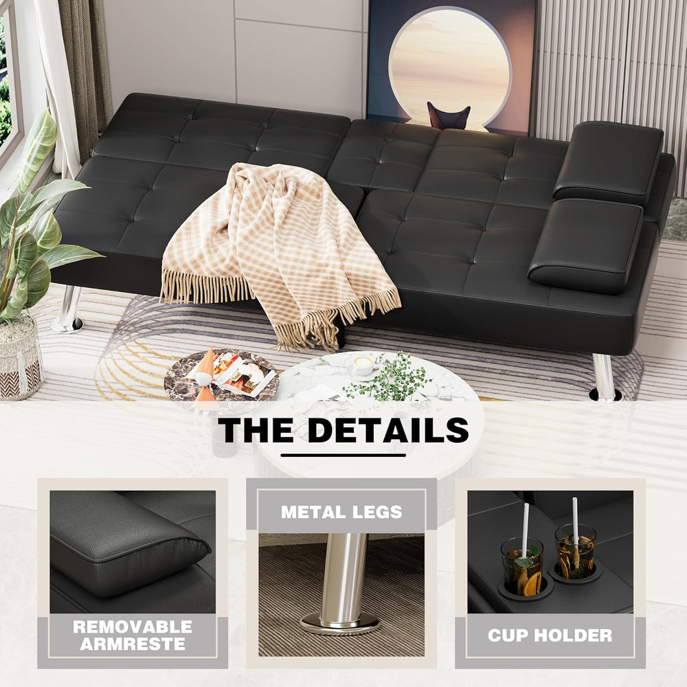 JUMMICO Faux Leather Futon Sofa Bed Futon Couch with Removable Armrests Adjus...