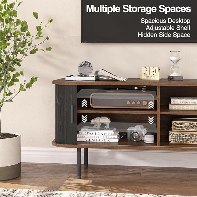 47''W Modern TV Stand Cabinet with Storage for TVs up to 55 Inch, Fluted TV Entertainment Center with Slatted Tambour Doors, Media Console for Living Room, Entryway, Black
