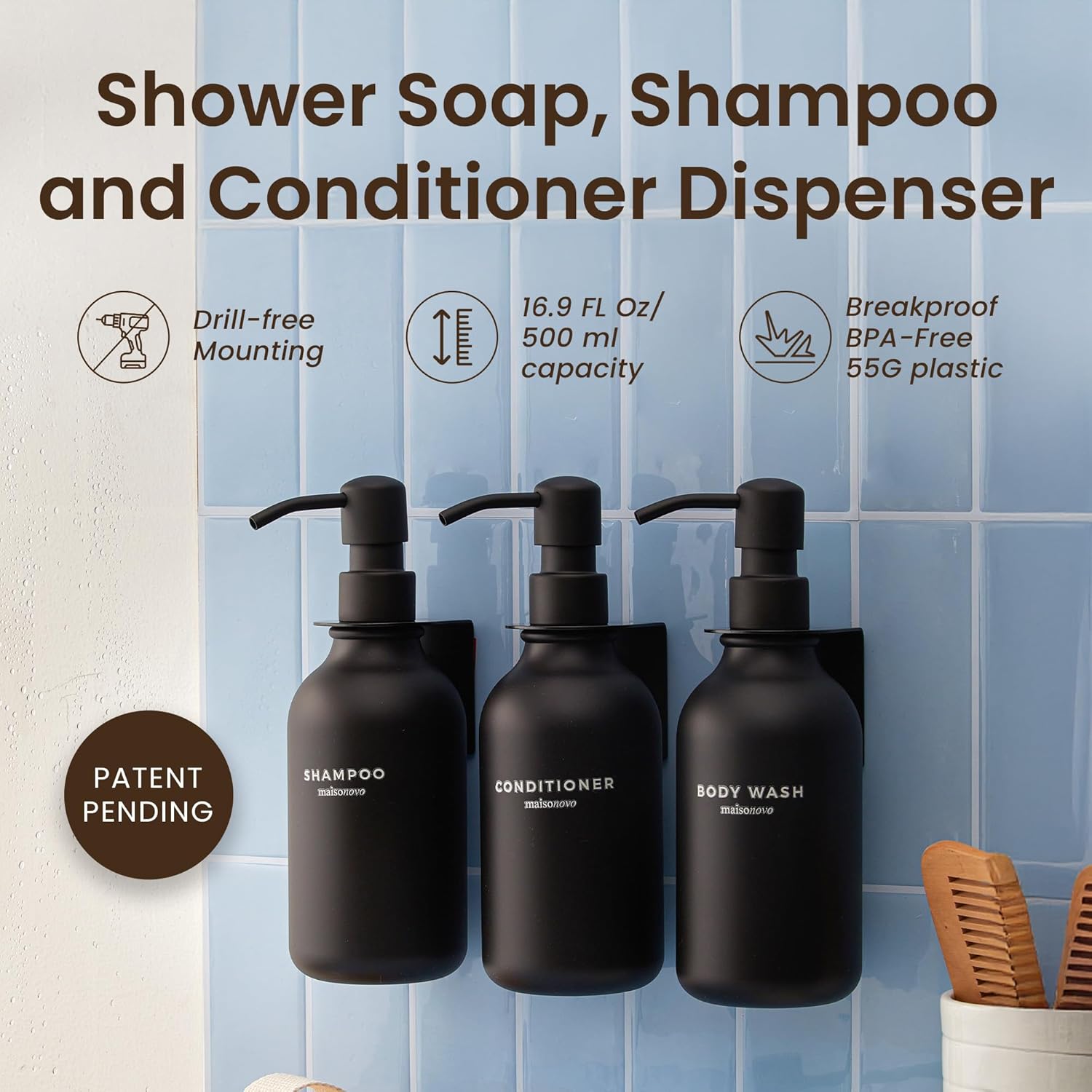 MaisoNovo Shampoo and Conditioner Dispenser - Shower Soap Dispenser Wall Mounted - 16.9 fl oz Set of 3 Black Plastic Bottles Black Pump - Shampoo Dispenser, Shower Dispenser