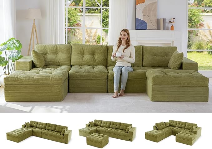 MAXYOYO 132" U Shaped Modular Sectional Sofa with 2 Ottomans, Cloud Boneless Couch with Layered Cushion, Flexible Module Combination Sofa for Living Room, No Assembly Required, Green