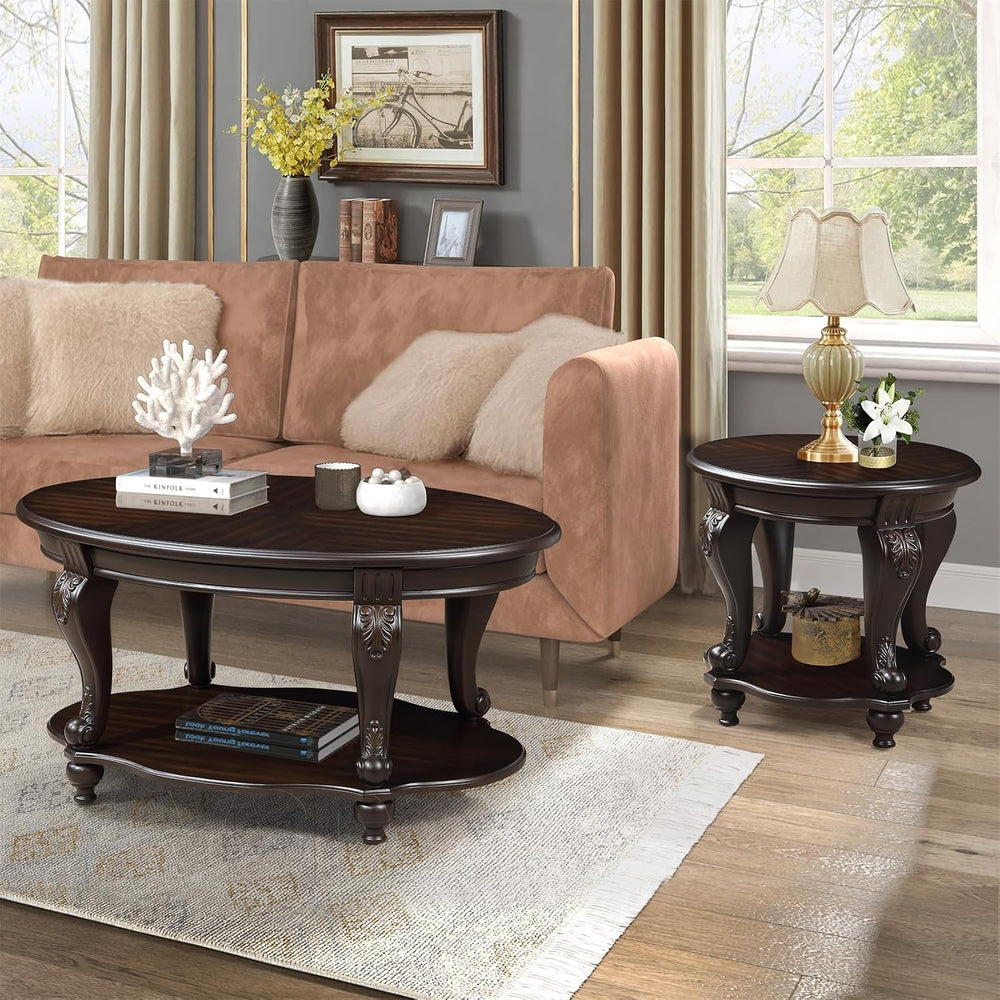 22'' Round End Table Solid Wood Sofa Side Table with Storage Shelf, L...