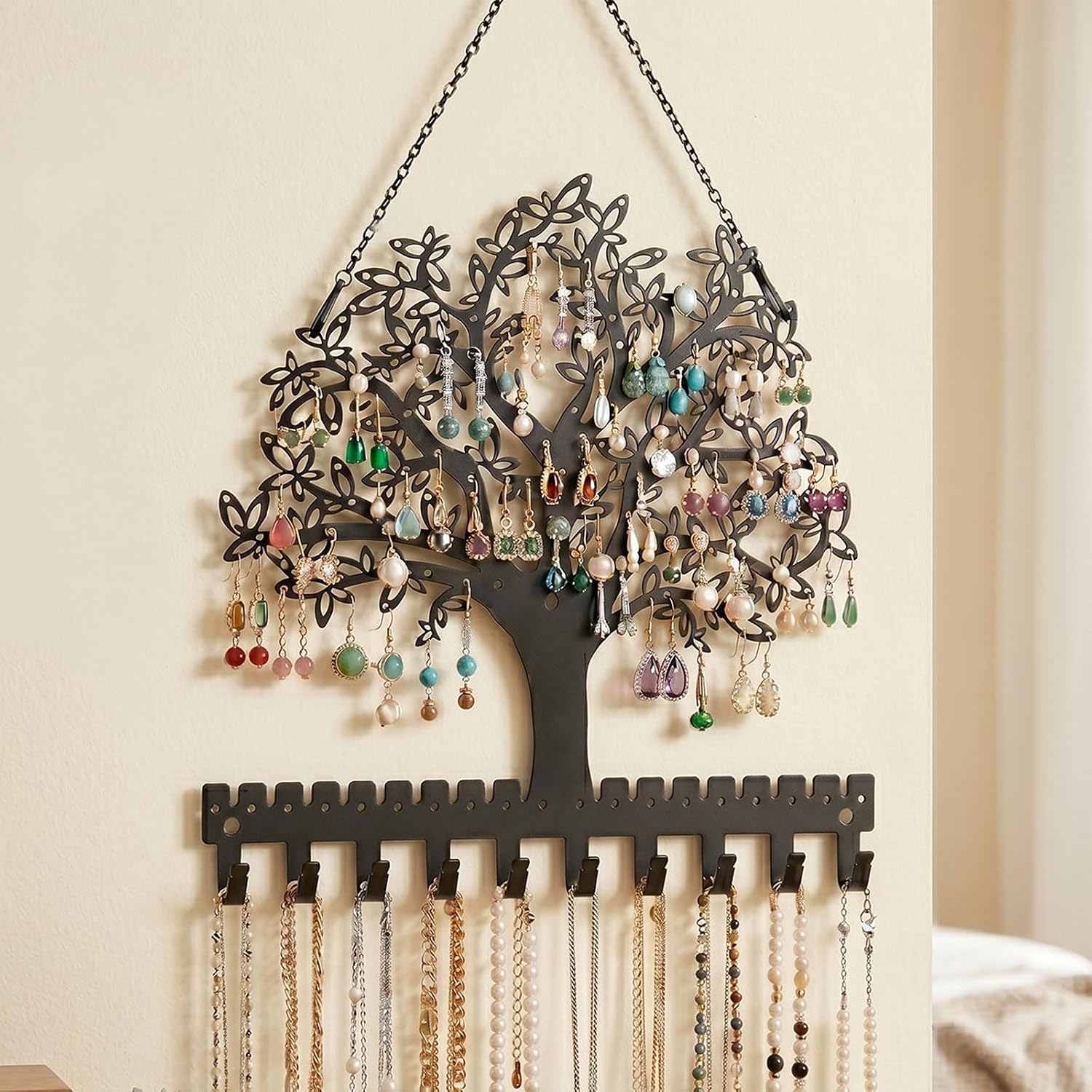 Jewelry Organizer Earring Holder Tree of Life Wall Mounted or Hanging Necklace and Bracelet Holder Metal Jewelry Display with Hooks for Studs Mother’s Day Gift for Women Mom Wife Daughter (Style1)