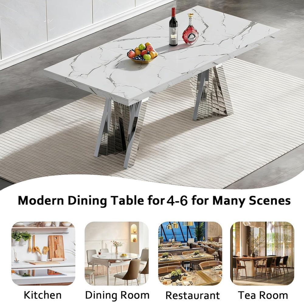 70" Faux Marble White Dining Table for 6, Modern Dining Room Table with ...