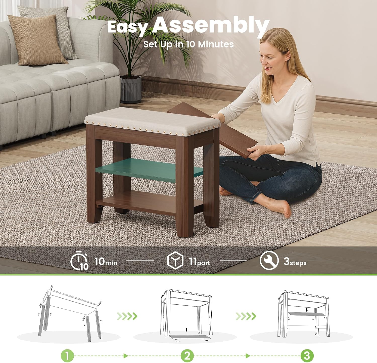 Shoe Bench for Entryway, Solid Rubberwood Shoe Bench with Hidden Storage, Adjustable 2-Tier Shelves & Soft PU Leather Seat, Shoe Rack Durable Easy Assembly for Hallway or Bedroom - Beige, 23.6"