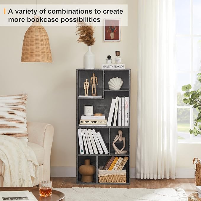 VECELO 42 Inch High Bookcase, 4-Tier Modern Storage Cabinet with Height Difference Shelves for Standard Textbooks, Floor Standing Display, 7 Cubes, Horizontal Avaiable, Easy Assembly, Grey