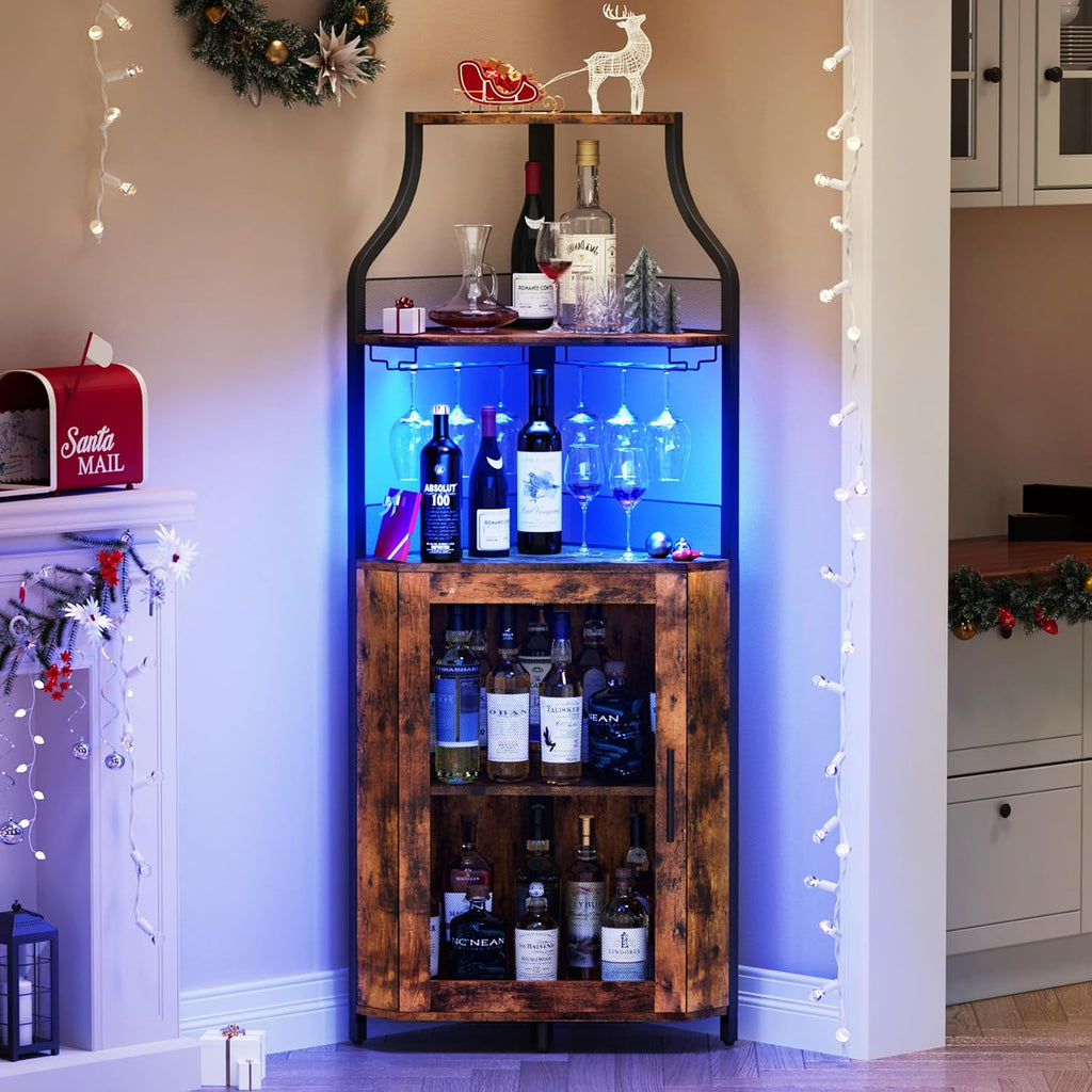 GarveeHome Corner Bar Wine Cabinet with LED Lights, 5-Tier Industrial Wine Cabinet with Glass Holder, Modern Liquor Cabinet with Adjustable Shelf, Home Bar Cabinet with Mesh Door, Rustic Brown