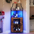 GarveeHome Corner Bar Wine Cabinet with LED Lights, 5-Tier Industrial Wine Cabinet with Glass Holder, Modern Liquor Cabinet with Adjustable Shelf, Home Bar Cabinet with Mesh Door, Rustic Brown