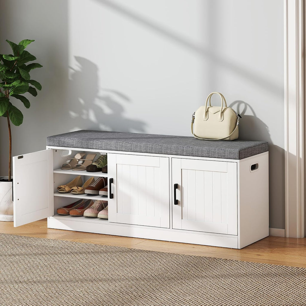 Turosur Shoe Storage Bench with Cabinet, 3-Tier Entryway Bench with Padded Seat Cushion, Shoe Cabinet Bench with 4 Adjustable Shelves for Bedroom, Mudroom, White