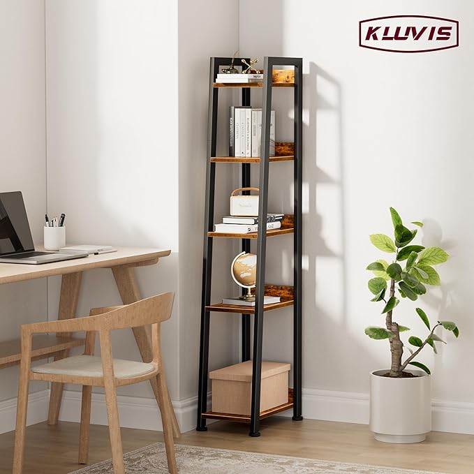 Narrow Ladder Shelf for Small Spaces - 5 Tier Thin Bookshelf Skinny Book Shelves Slim Bookshelves 60 inch Tall, Farmhouse Brown (02BN)
