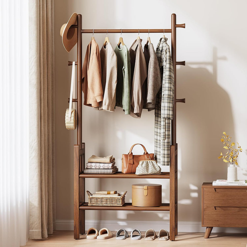 Solid Wood Clothing Rack with Shelves - Coat Rack Freestanding with 6 Hooks L...