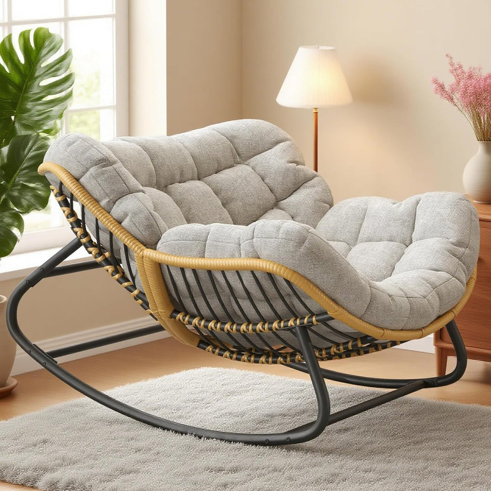 Papasan Rocking Chair with Comfy Thick Cushion, Oversized Outdoor Rocking Cha...