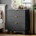 Fluted Nightstand with Charging Station, 24" Wide Bedside Table with 3 Large Storage Drawers, Modern Wood Side Table Night Stand, End Table Small Dresser for Bedroom, Living Room, Dorm, Black