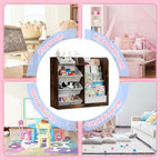 Rustic Kids Wood Bookshelf Toy Storage Box Organizer Shelf W/4 Removable Plastic Toy Bins Children Bookcase Toddler Baby Sling Book Rack Cabinet Chest Girl Boy Gift Playroom Classroom Bedroom Nursery