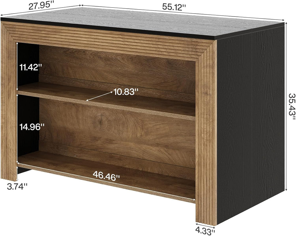LITTLE TREE Kitchen Island with Storage, 55 Inch Island, Modern Farmhouse Kitchen Counter, Fluted Reeded Frame Open Shelves Prep Workstation, Black and Brown