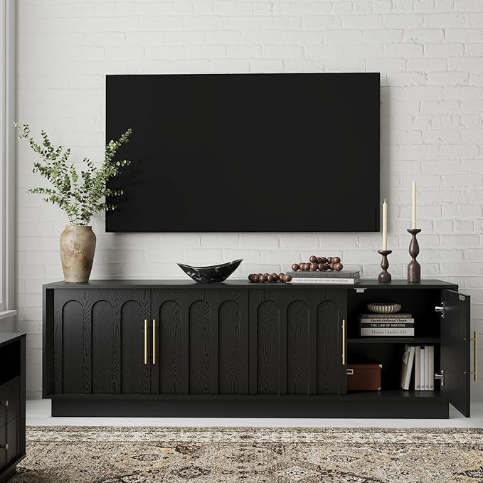 TV Stand for 75 Inch TV, 67" Entertainment Center with Arched Design, Minimalist Media Console with Adjustable Shelves, Modern TV Stand for Living Room Bedroom, Black