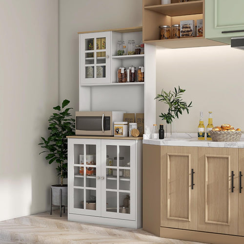 31.5"D*14.5"W*72"H Freestanding Kitchen Pantry with 4 Adjustable Shelves, 19"H Top Single Door & 28.5"H Lower French Door, Rectangular Storage Cabinet, for Living Room, Dining Room, White