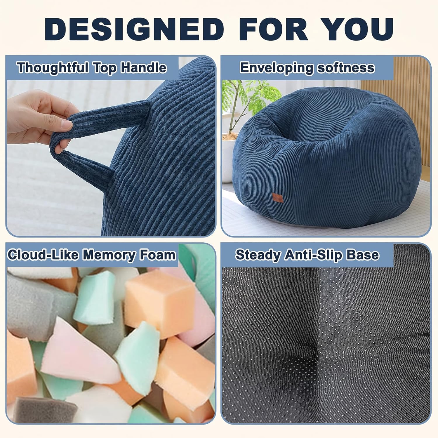 Bean Bag Chair for Adults Teens & Kids, Giant Round Bean Bag with Memory Sponge Filling, Boneless Lounge Floor Sofa Chair with Handle & Non-Slip Base for Living Room Bedroom Balcony(L-Blue)