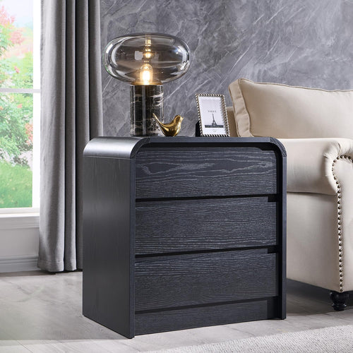 25" Tall Modern Nightstand Set of 2, 23.6" Wide Wood Bedside Table with Charging Station, 3 Storage Drawers Side Table w/Curved Profile Design, End Table for Bedroom, Black