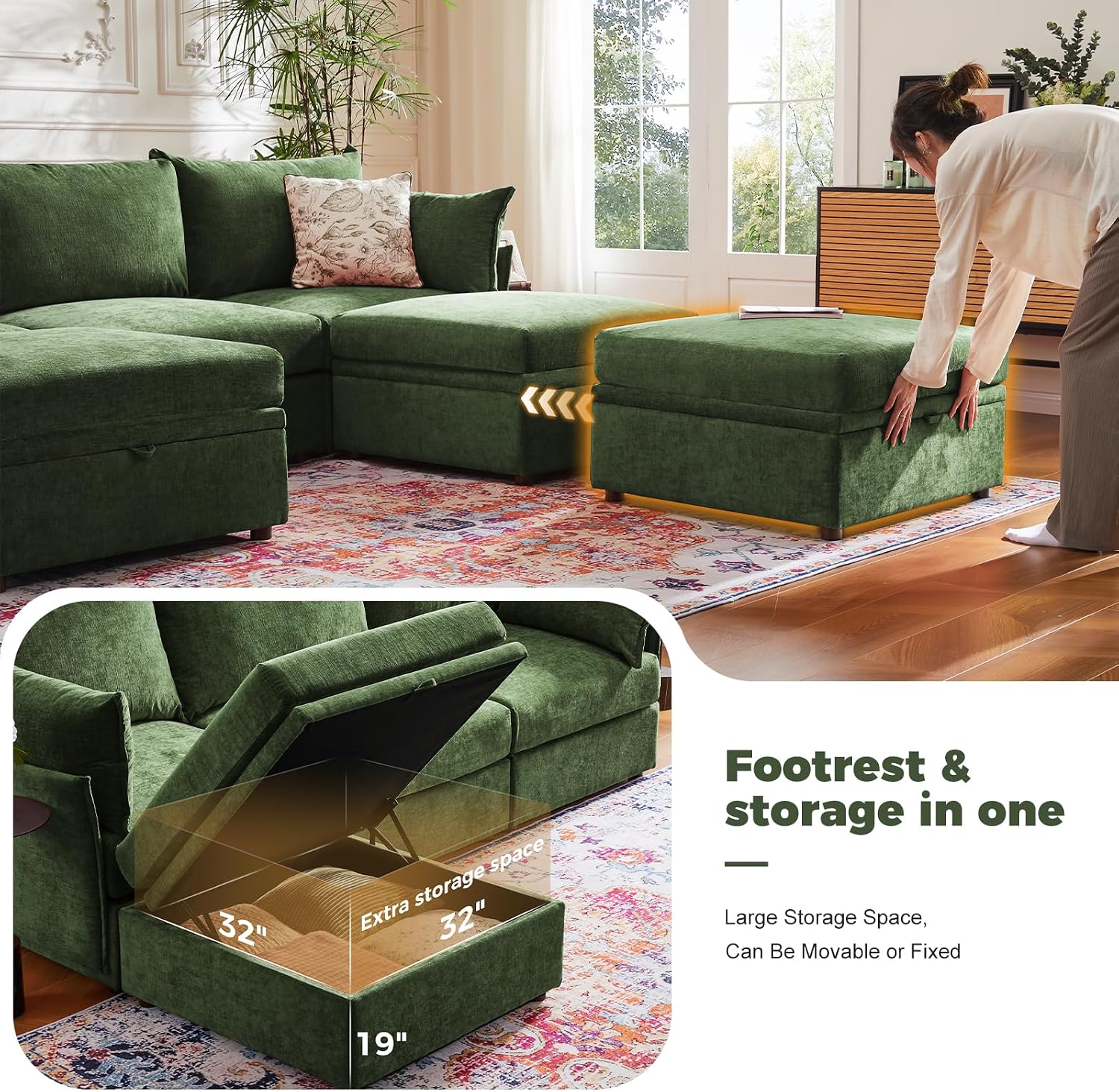 102.6" L Shaped Modular Sectional Sofa with Washable Chenille Cover, 4 Seater Deep Seat Couch with Storage Ottoman & Reversible Chaise for Living Room, Pet-Friendly, Green
