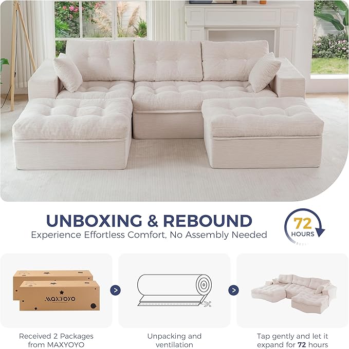 MAXYOYO 104" U Shaped Modular Sectional Sofa with 2 Ottomans, Cloud Boneless Couch with Layered Cushion, Flexible Module Combination Sofa for Living Room, No Assembly Required, Beige