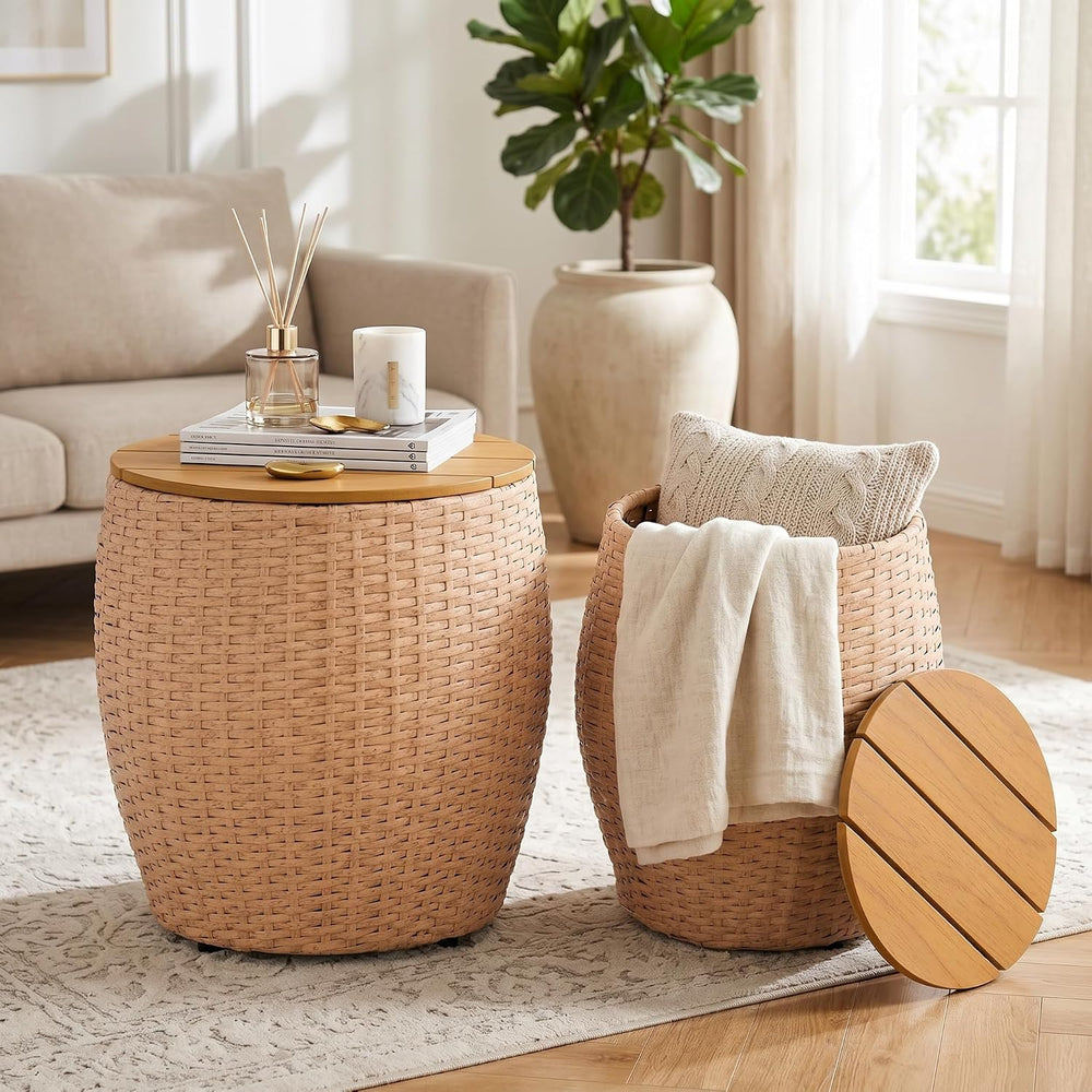 Wicker Side Table Set of 2, Round End Tables with Storage Basket, Multifuncti...
