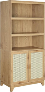 Manhattan Comfort Sheridan Modern Cane Bookcase with Adjustable Open Shelves, Soft Close Doors, and Concealed Compartments, Versatile 3 Tier Bookshelf Storage for Home and Office, Set of 2, Nature
