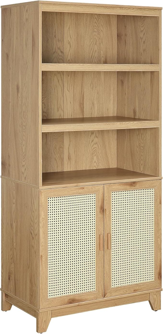 Manhattan Comfort Sheridan Modern Cane Bookcase with Adjustable Open Shelves, Soft Close Doors, and Concealed Compartments, Versatile 3 Tier Bookshelf Storage for Home and Office, Set of 2, Nature