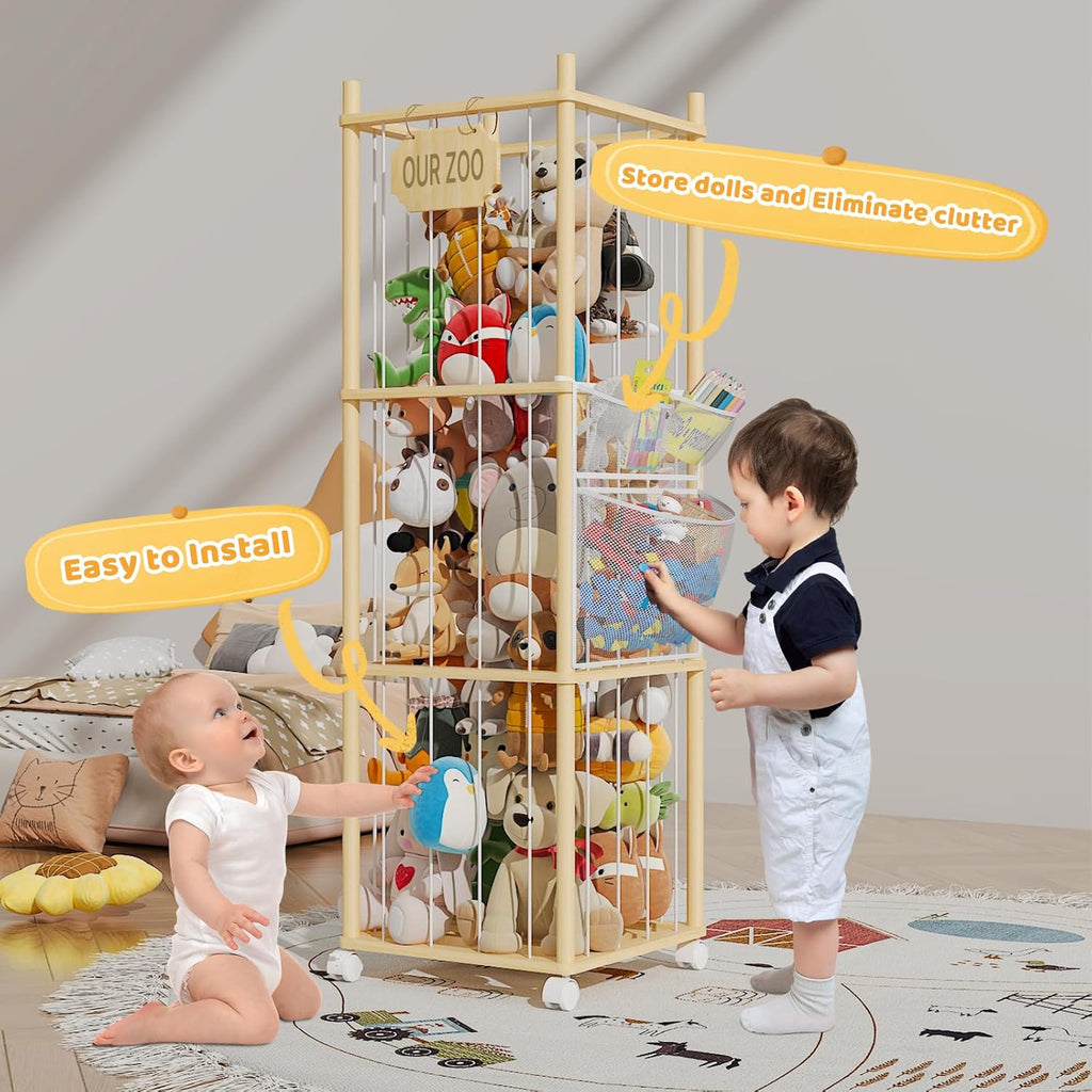 Stuffed Animal Storage, Wood Stuffed Animal Zoo with Wheels & Net, Toy Storage Organizer with Elastic Band, Large Capacity Toy Holder for Nursery, Playroom (3-Layers)