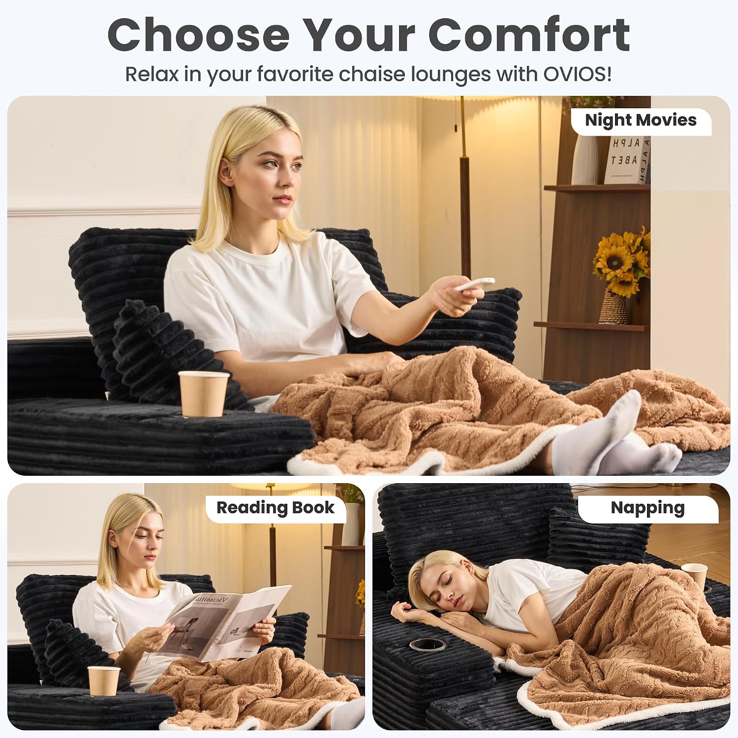 ovios 67'' Chaise Lounge Chair Indoor, Oversized Upholstered Boneless Sofa Bed with Cup Holders, Deep Seat Sleeper Couch, Plush Cloud Sofas Couches for Living Room (Faux Fur, Black)
