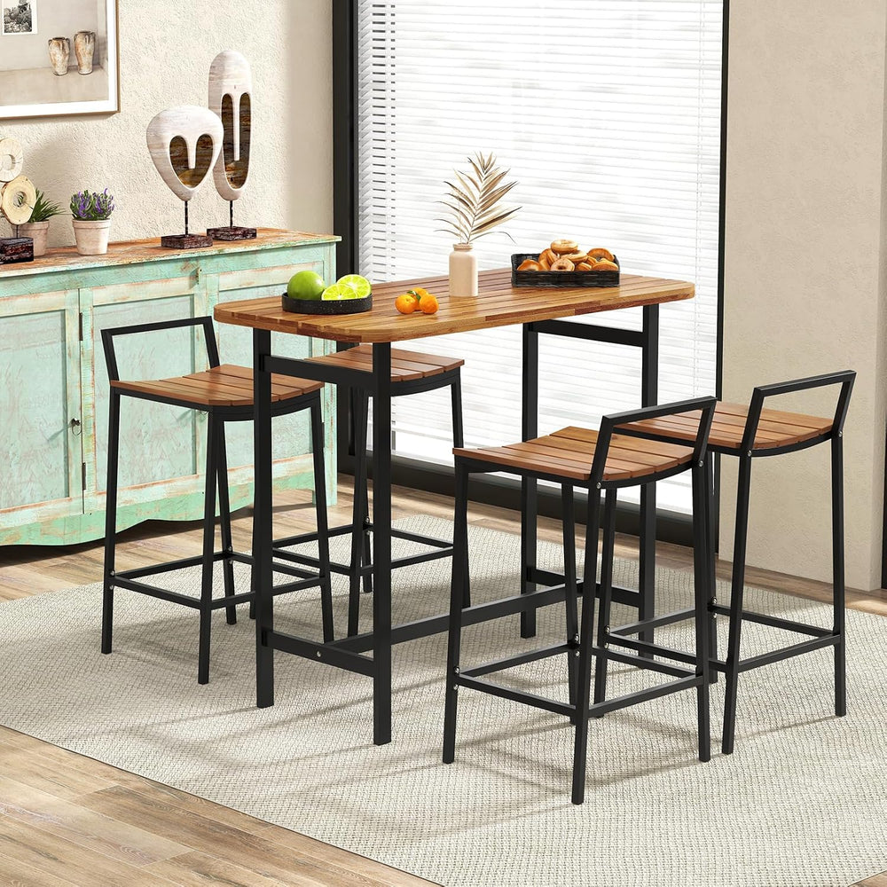 Tangkula 5 Piece Acacia Wood Bar Table Set, Outdoor Bar Height Table & Ch...