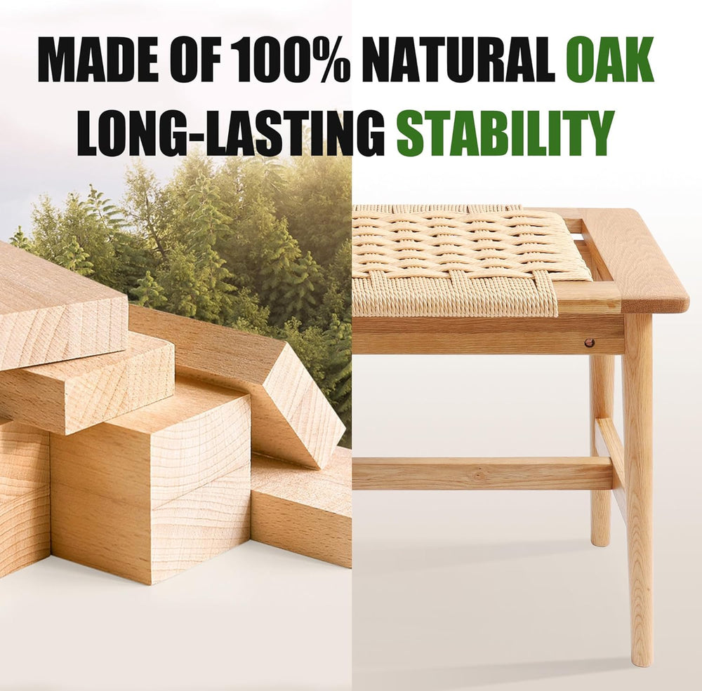 OGMILL 33.5" L Wood Dining Bench Indoor, 100% Natural Solid Oak Bed Benc...