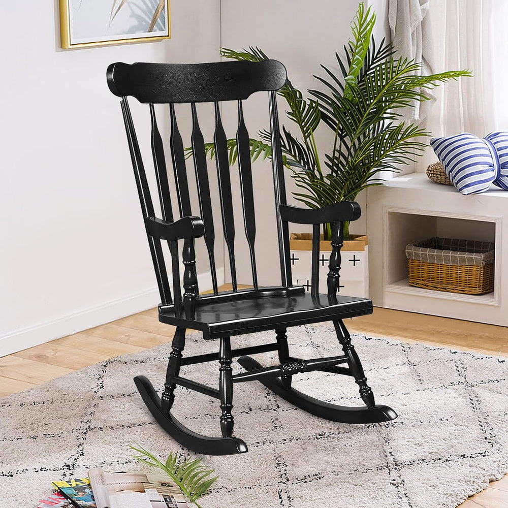 Tangkula Patio Rocking Chair, Solid Rubber Wood Frame, Black, 1 Pack