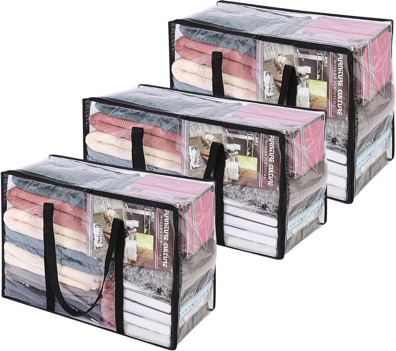 Vieshful 3 Pack 40L+60L+90L Clear Clothes Storage Bag, Zippered Closet Organizer, Plastic Storage Containers Moving bags for Comforter, Blanket, Bedding, Duvet, Toys