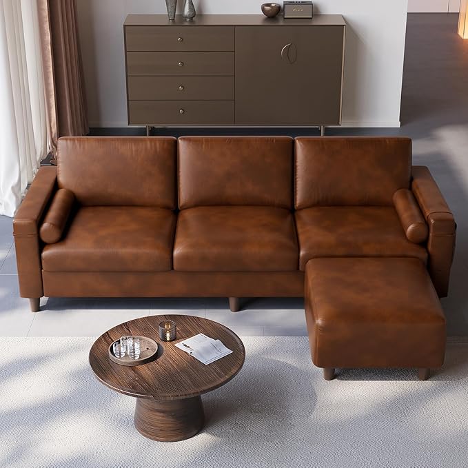 Vesgantti 100" L Shaped PU Faux Leather Sofa with Movable Ottoman, 3 Seater Leather Sectional Couch with Side Pocket, Comfy Modern Modular Couch for Living Room, Apartment, Cocoa