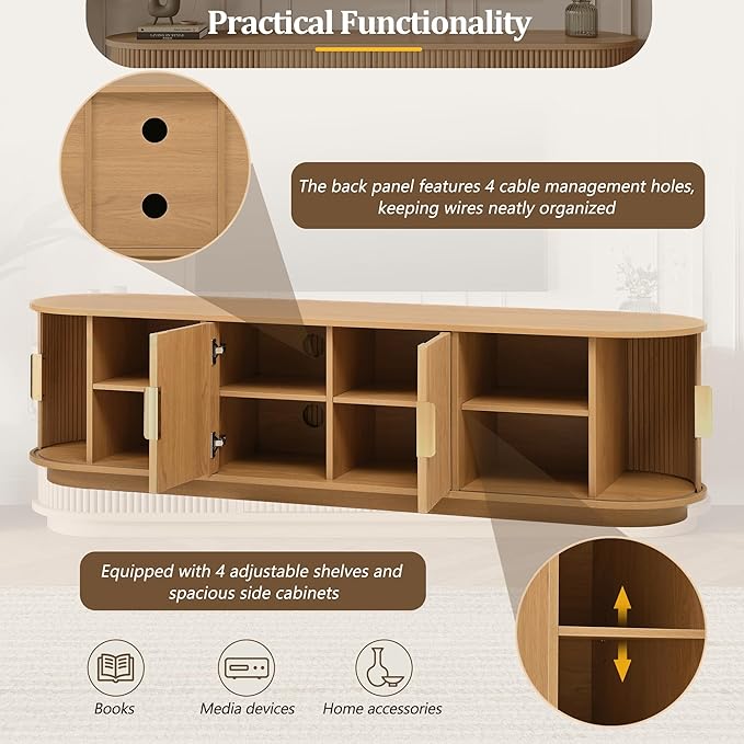 Farmhouse Wooden TV Stand with Sliding Tambour Door for TVs up to 75", Fluted Media Console with Adjustable Storage, Golden Handle TV Cabinet with Cable Holes for Living Room, Natural