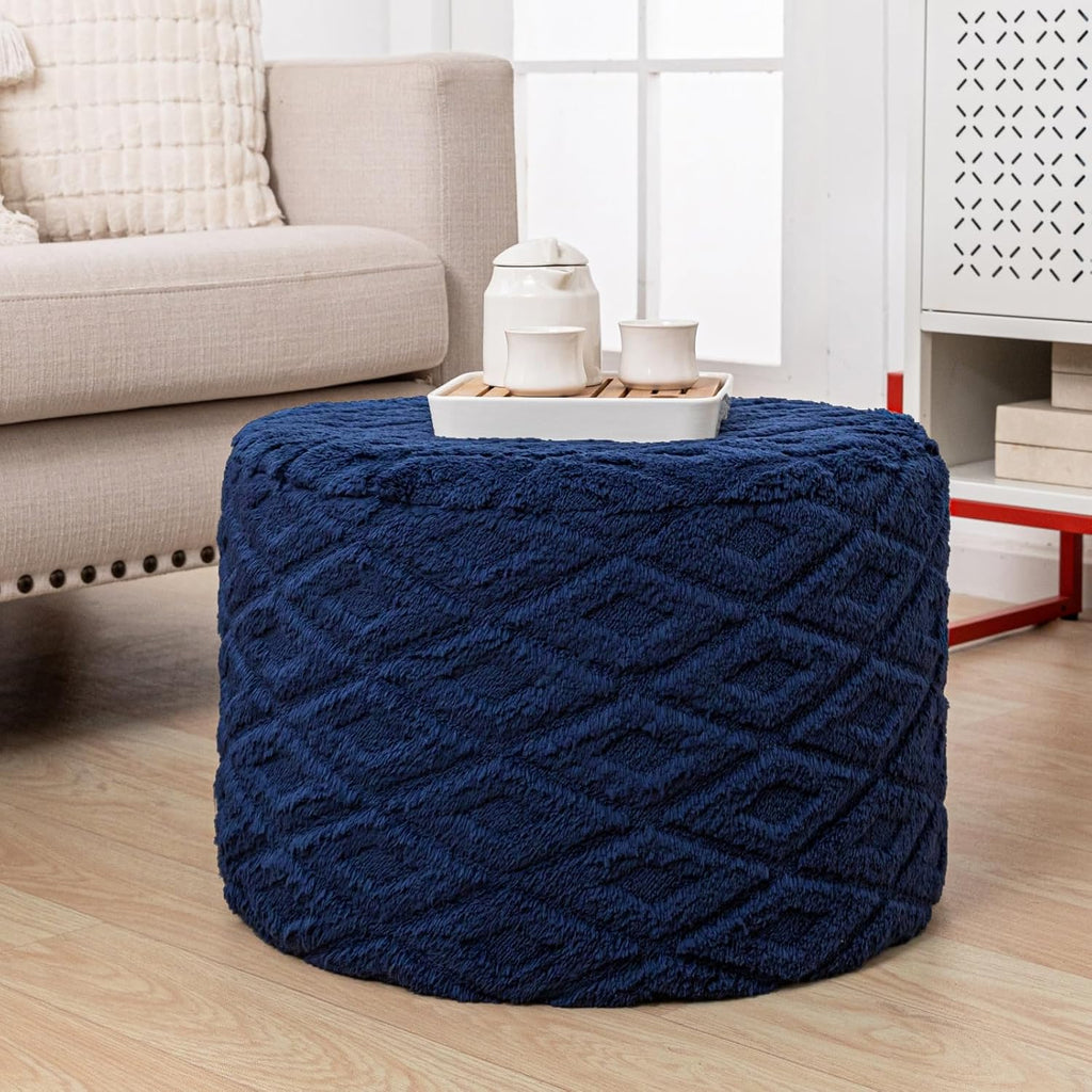 Round Ottoman Pouf, All-in-One Foam Filling Foot Rest 20x14In Navy | Stuffed Floor Pouf,Ottoman Foot Stool for Couch,Stuffed Pouf,Boho Floor Seating,Bean Bag Ottoman for Living Room Bedroom Dorm