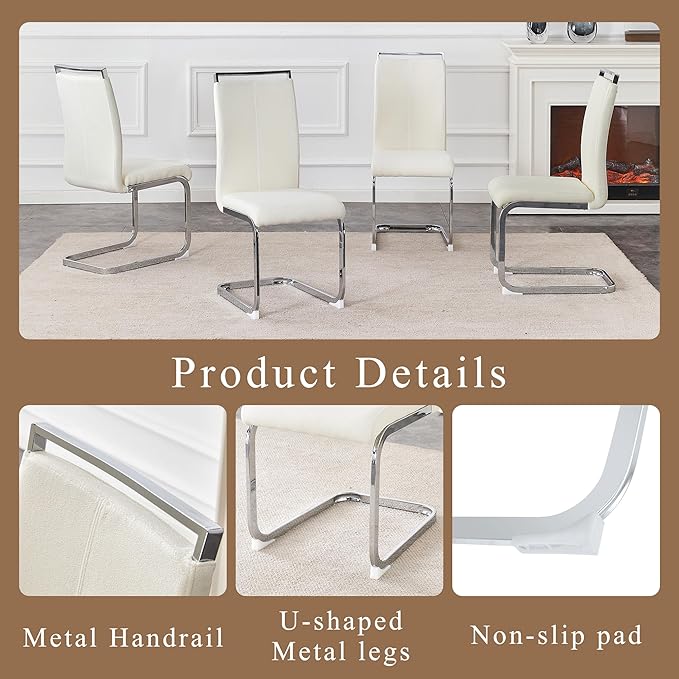 AZmac Modern Dining Chairs Set of 4,Armless Kitchen Chairs,Dining Room Chairs with Upholstered Padded Seat and Sturdy Silver Chrome Legs for Dining Room,Kitchen (White Fabric, Set of 4)