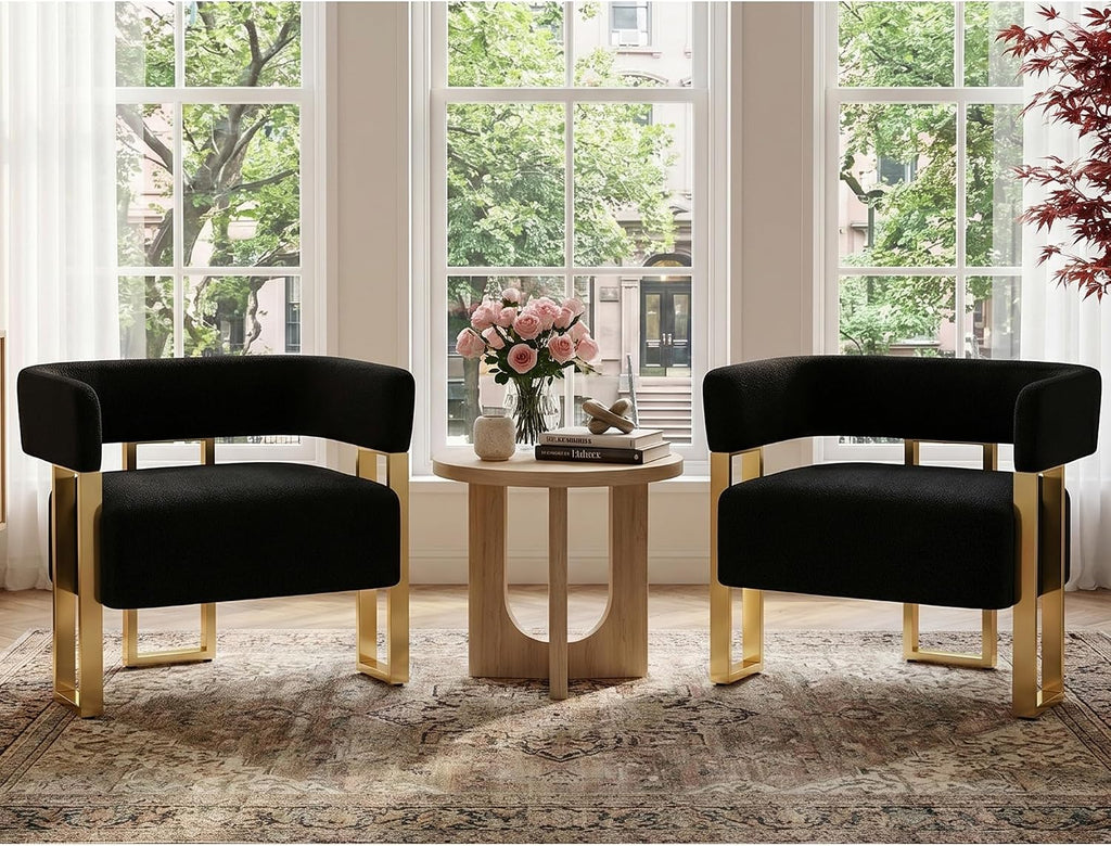 Mid Century Modern Accent Chair Set of 2, Barrel, Black Boucle, Gold Leg | AODAILIHB Upholstered Comfy Luxury Living Room Chairs, Cloud Armchair Set w/ Curved Back For Bedroom Dorm Office Lounge Decor