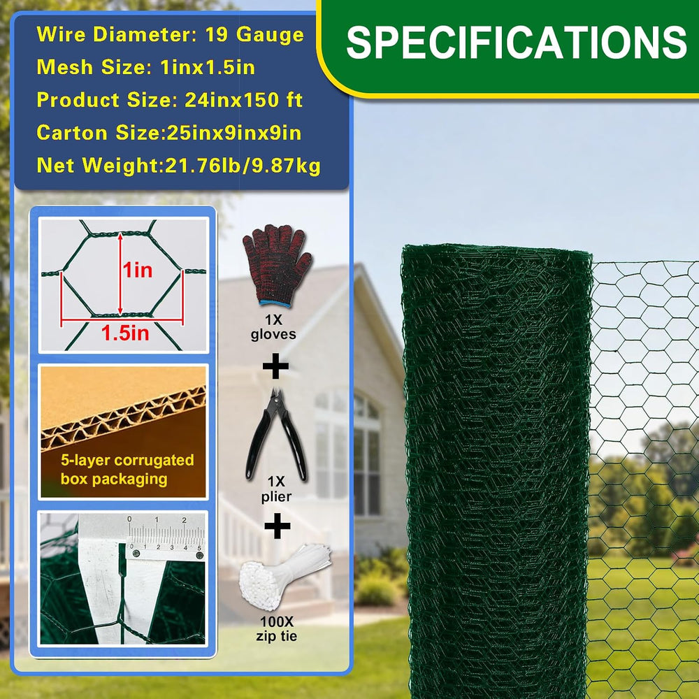 Green 19GA Chicken Wire 24inx150ft, Chicken Wire Fencing, Garden Fence, Metal...