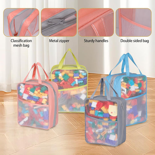 4 Pack Extra Large Mesh Toy Zipper Storage Bags(11.8 * 9.8 * 5.2in),Magnetic Tiles Block Sets Plush Toy Storage Organizer with Pockets, Travel Breathable See Through Colored Pouch with Handle