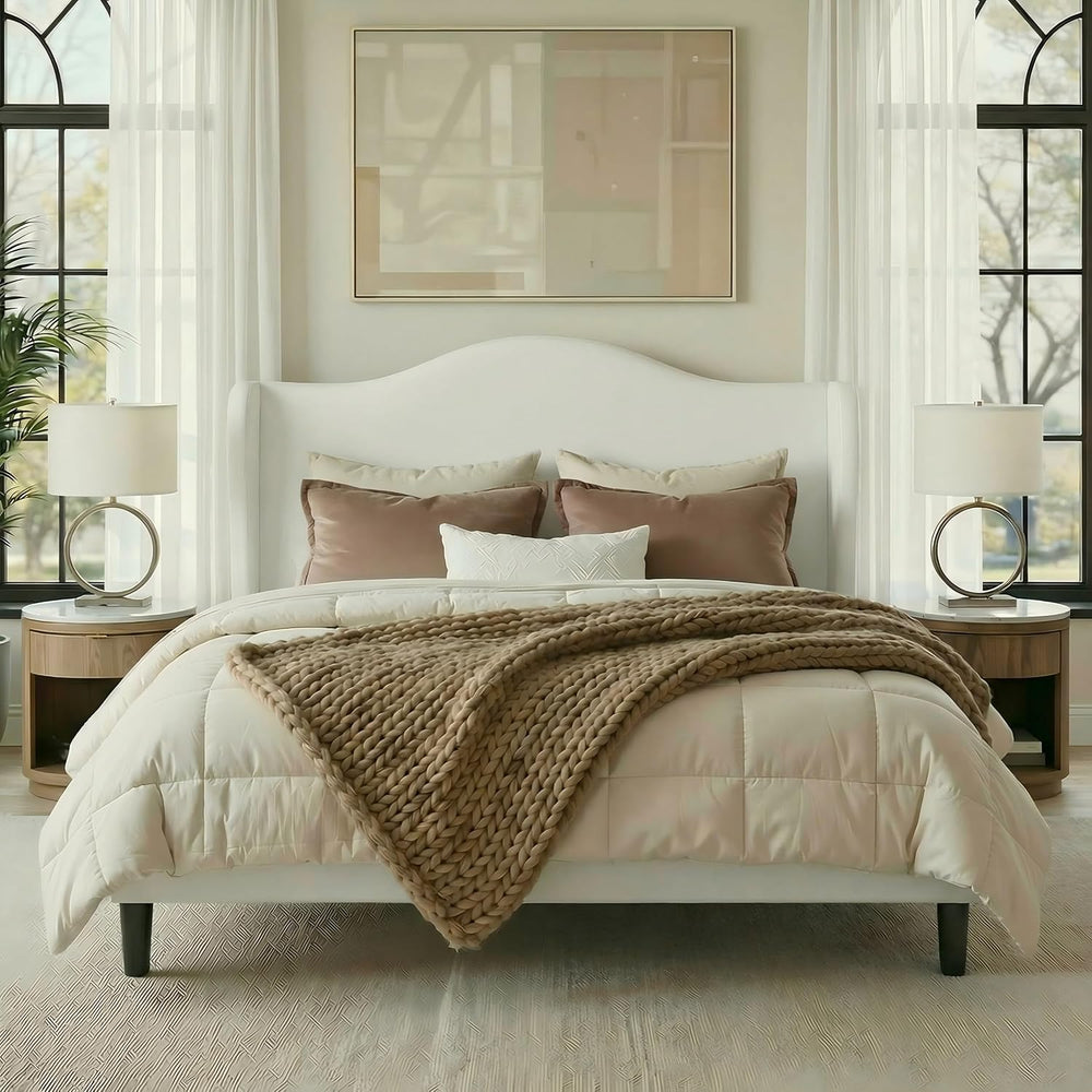 Allewie Full Size Bed Frame, Plush Velvet Wingback, Modern Style, White