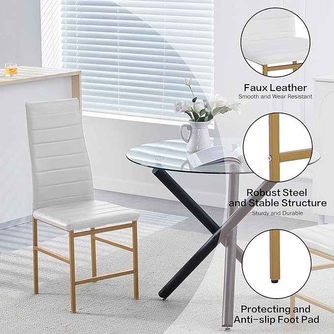 PU Dining Chairs Set of 4, Modern Kitchen & Dining Room Chairs Faux Leather Upholstered Dinner Chairs with Metal Legs for Small Space (Gold, Crossbar)